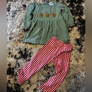 Gingerbread Green Dress with Red Checkered Pants